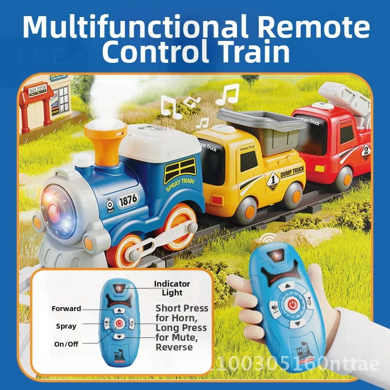 만화 연기 자석 기차 세트, 3세 어린이용 리모컨 포함, 교육용 트랙 장난감, 확장 가능한 마카롱 포함