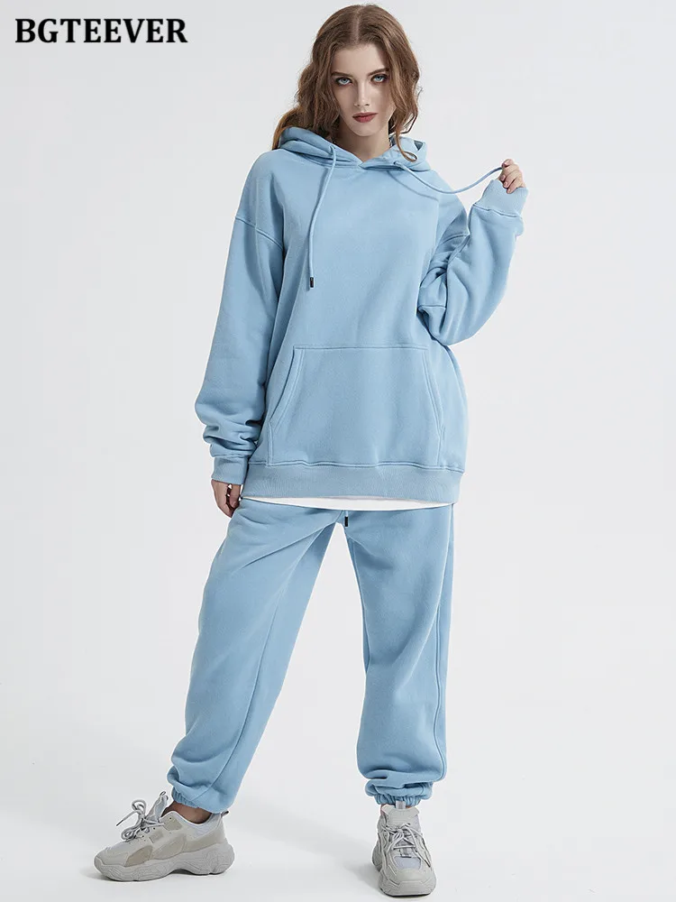 BGTEEVER Winter Thicken Fleece Two-Piece Sets Women Tracksuits Oversized Hooded and Harem Pants Solid Sweatshirts Suits Female