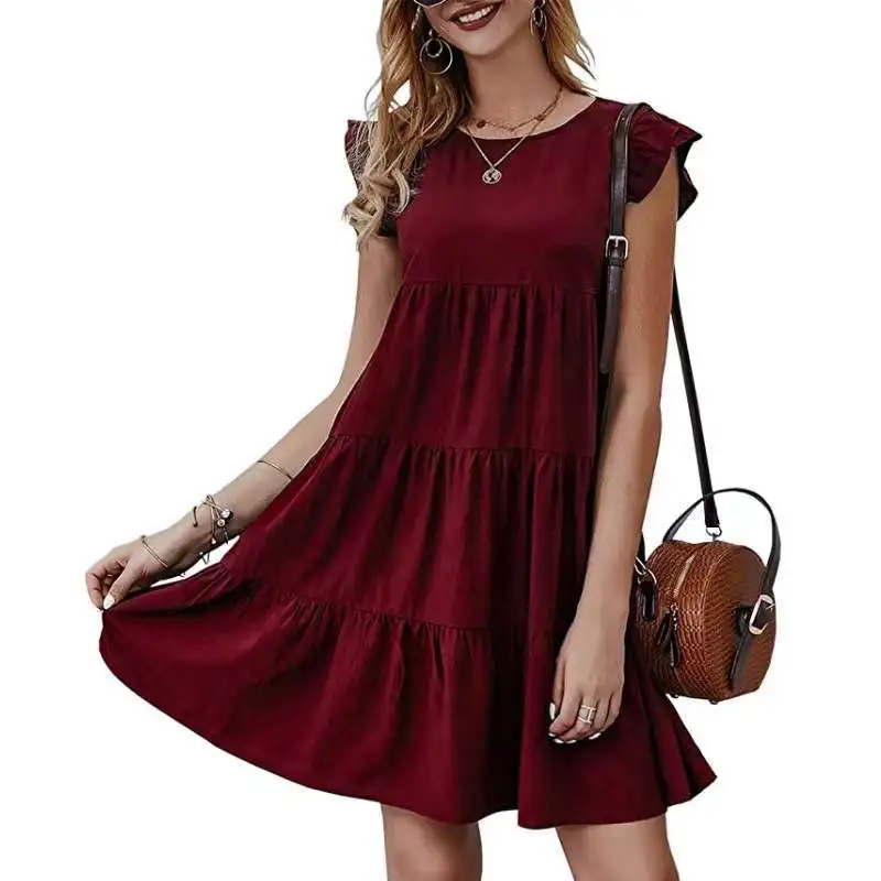 2025 Summer new solid color round neck short-sleeved dress casual cake skirt pleated skirt