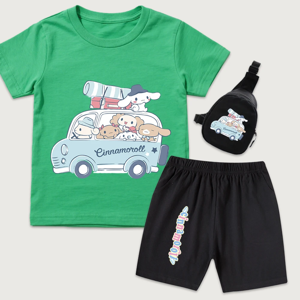 

Детская хлопковая футболка с принтом Cinnamoroll & Friends Road Trip, шорты, мини-сумка на грудь, комплект из 3 предметов для мальчиков и девочек, повседневная летняя одежда