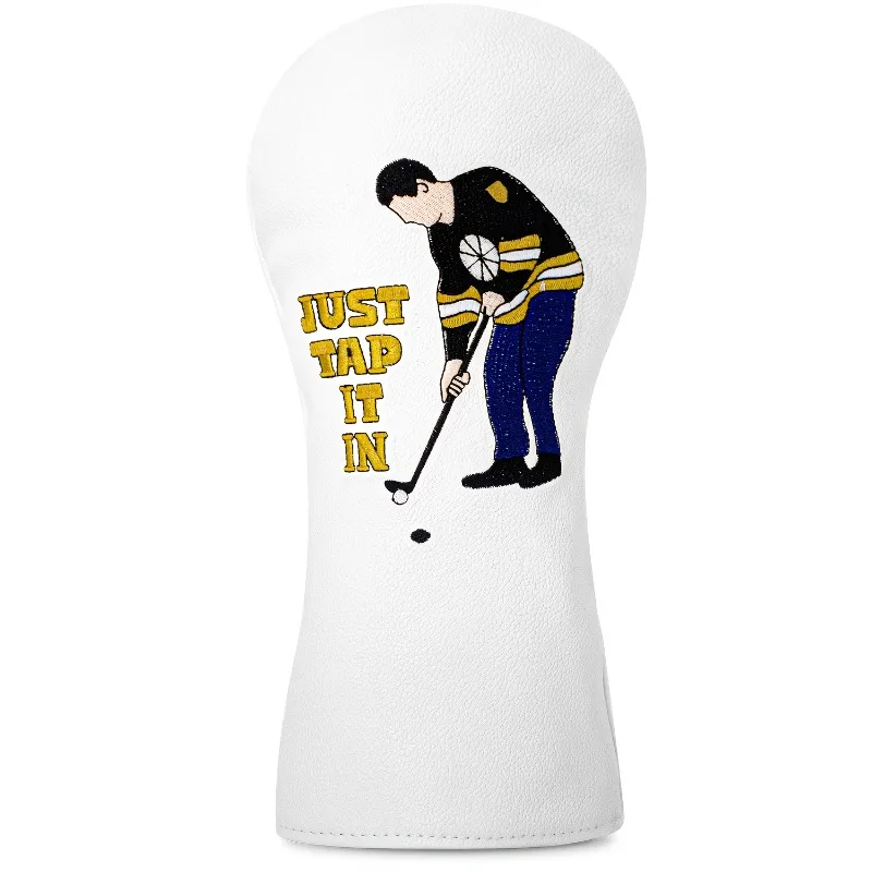 ฝาครอบป้องกันไม้กอล์ฟ - ดีไซน์ตัวอักษร “JUST TAP IN” อุปกรณ์เสริมที่ทนทานและมีสไตล์ อุปกรณ์เสริมสำหรับกอล์ฟ หมวกคลุมศีรษะ