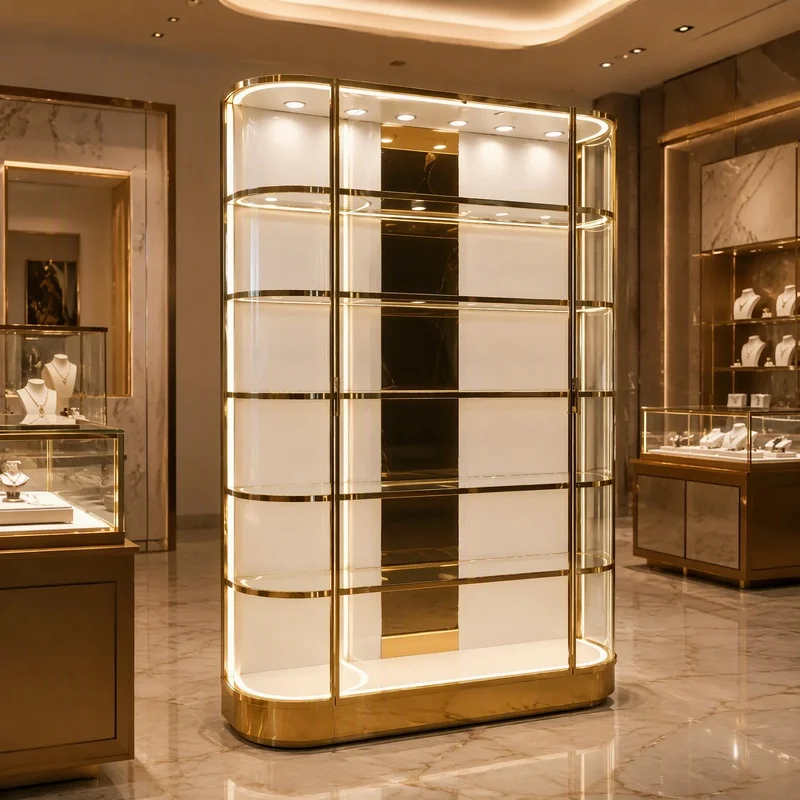 custom.Custom Brushed Stainless Steel Glass Display Cabinet Jewelry Watch Handbag Figurine Wall Showcase Island Display Rack