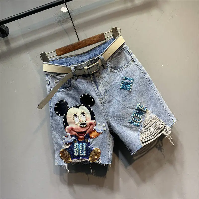 

Women's High Waisted Distressed Denim Shorts with Sequin Minnie Mouse Patch Raw Hem Belted Casual Summer Jean Shorts