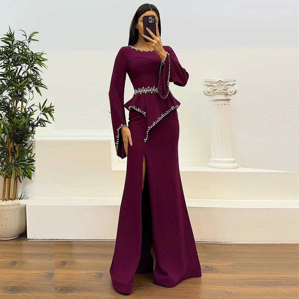 

Modern Customized Saudi Dress Mermaid O Neck Floor Length Evening Dresses Long Sleeves Beading Formal Wedding Party Dress