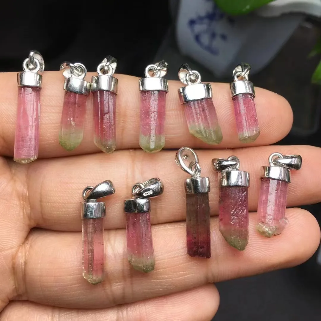 

Unit One Piece 925 Silver Buckle With Natural Watermelon Tourmaline Crystal Healing Column Pendant