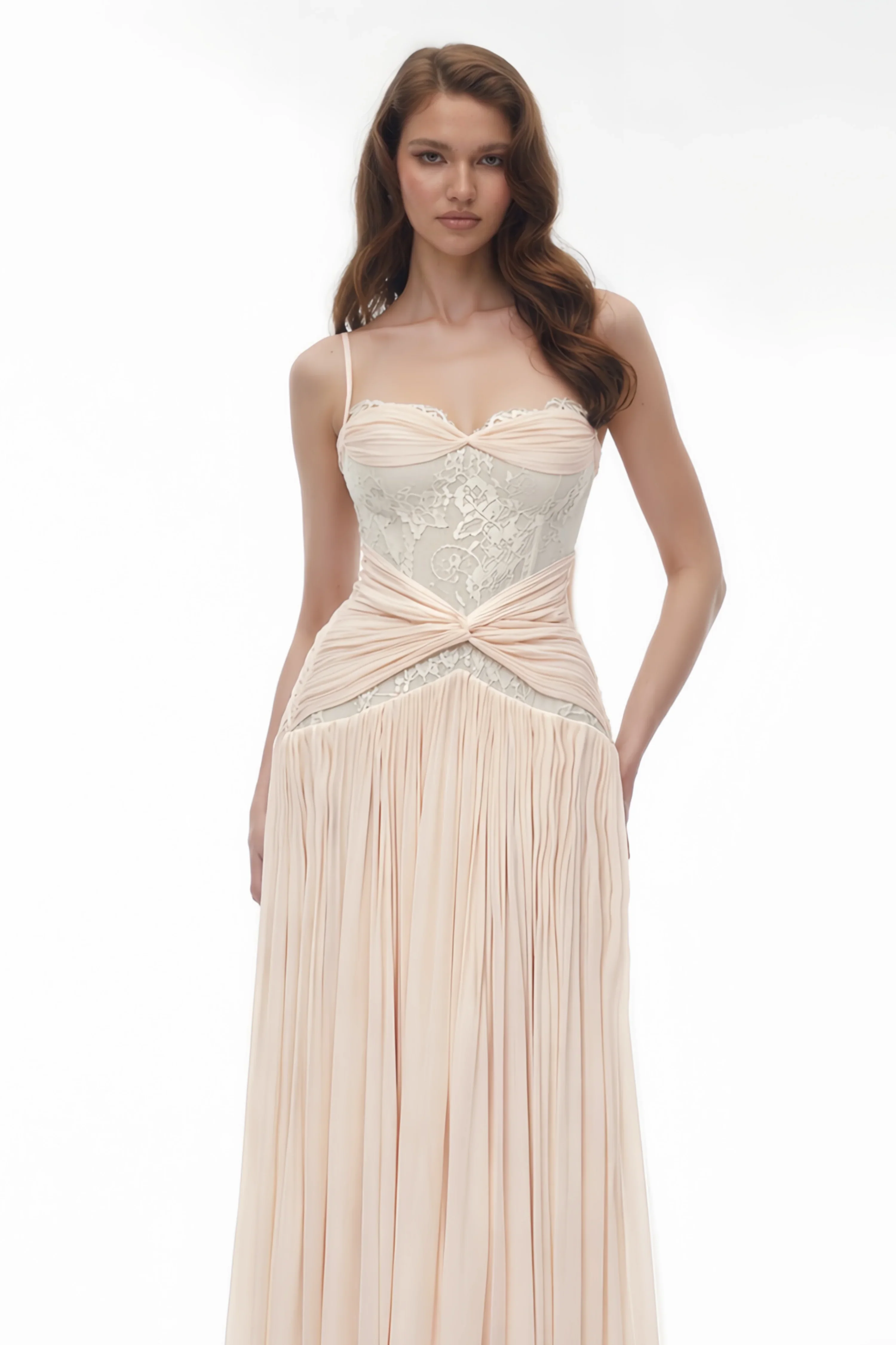 

Fashion Lace Spaghetti Strap Pleats Evening Dress Wrap Chest High Waist A-line Back zipper Formal Cocktail Prom Party Vestidos
