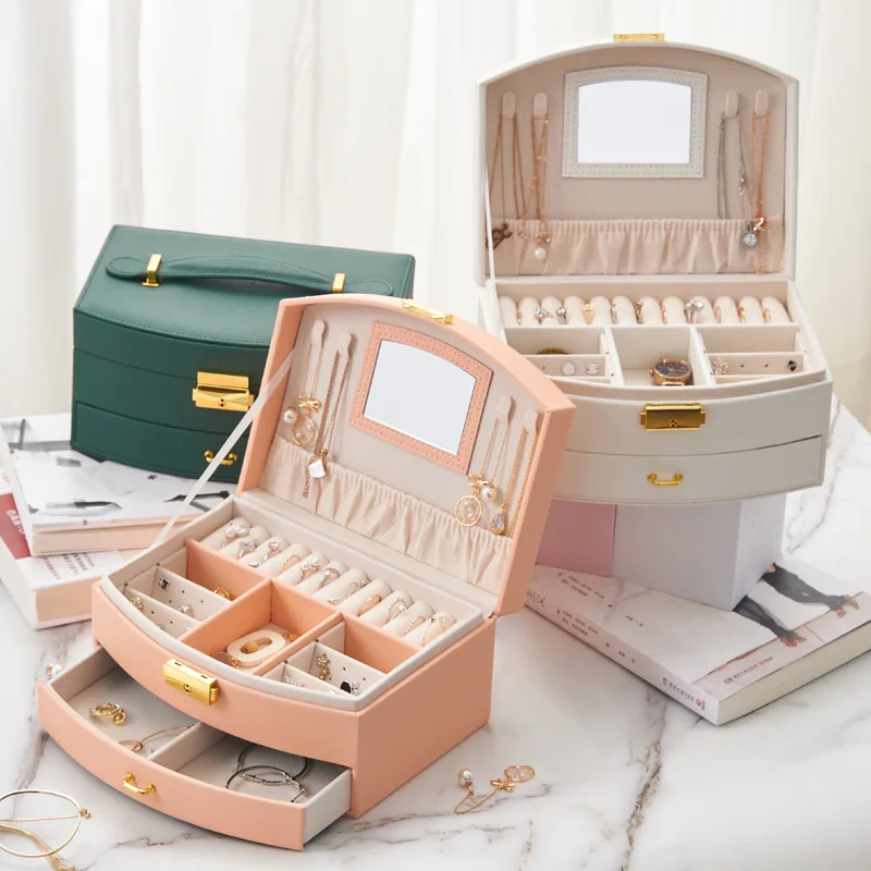 

Multifunctional Double Layer Drawer Fine Leather Jewelry Box with Mirror Portable Hand to Carry Little Girl Jewelry Storage Box