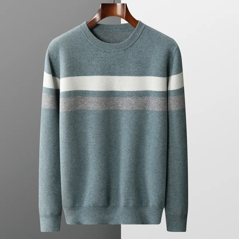 100% merino cashmere sweater in autumn / winter thickened men's round neck contrast jacquard long sleeve business casual sweater