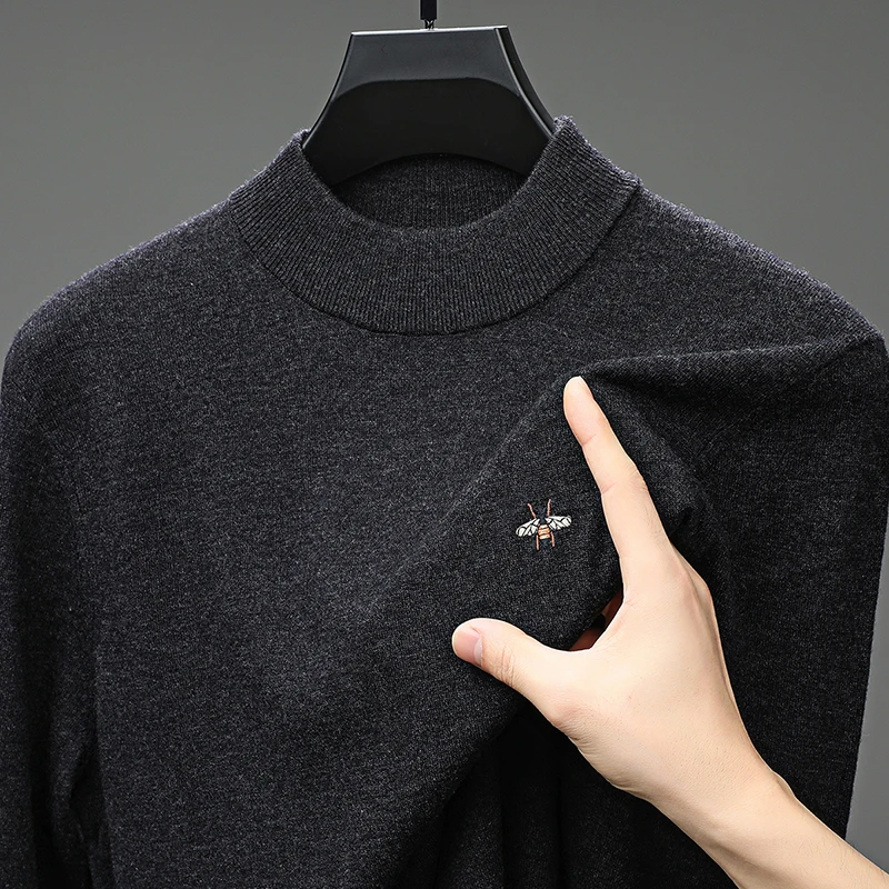 

Hot Premium Brand Man Long Sleeves Knitwear 100%wool Round Neck Bee Embroidery British Style Pullover Winter Skin-Friendly Tops