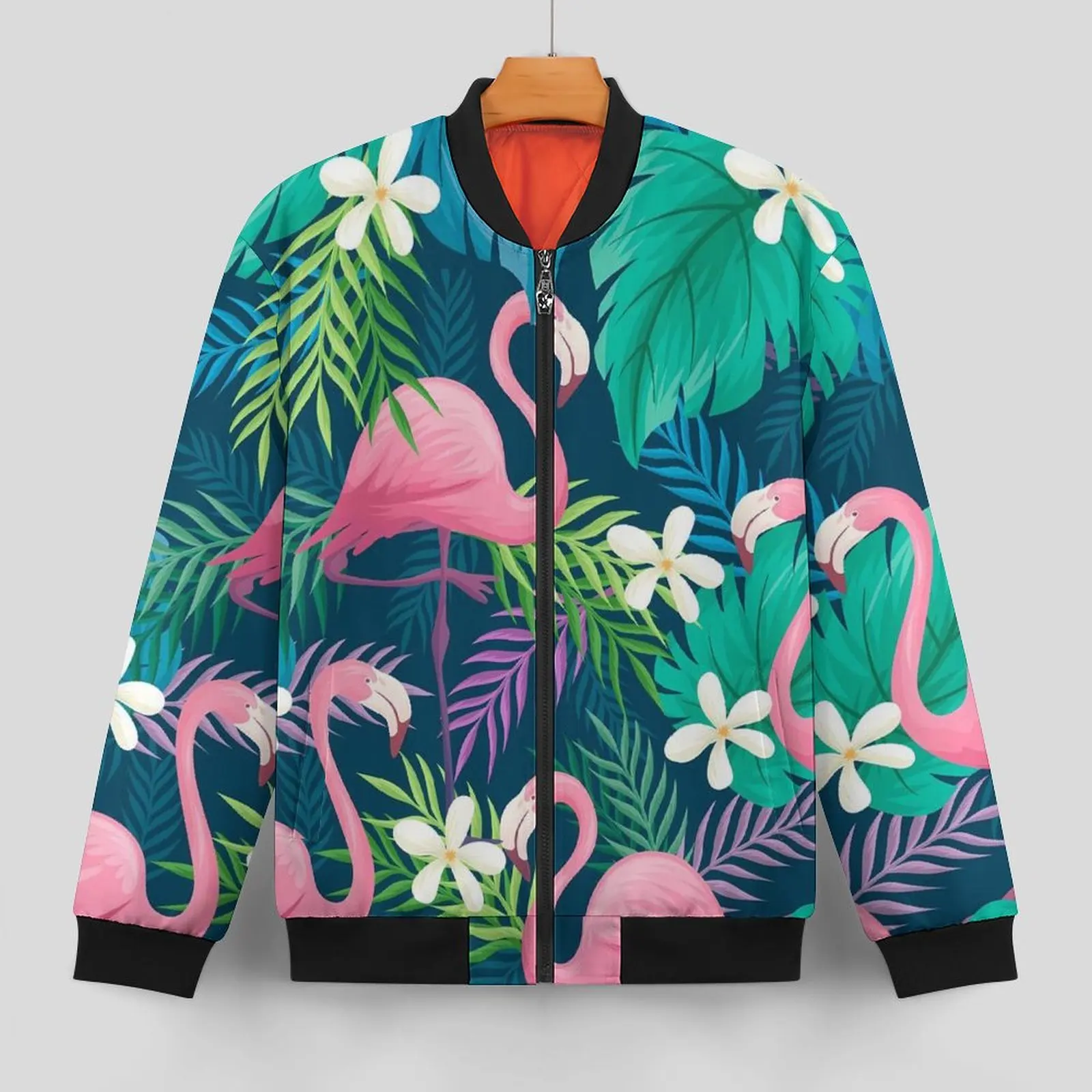 Pink Flamingo Casual Jackets Man Green Plam Leaf Coats Winter Modern Jacket Waterproof Graphic Classic Clothing Large Size