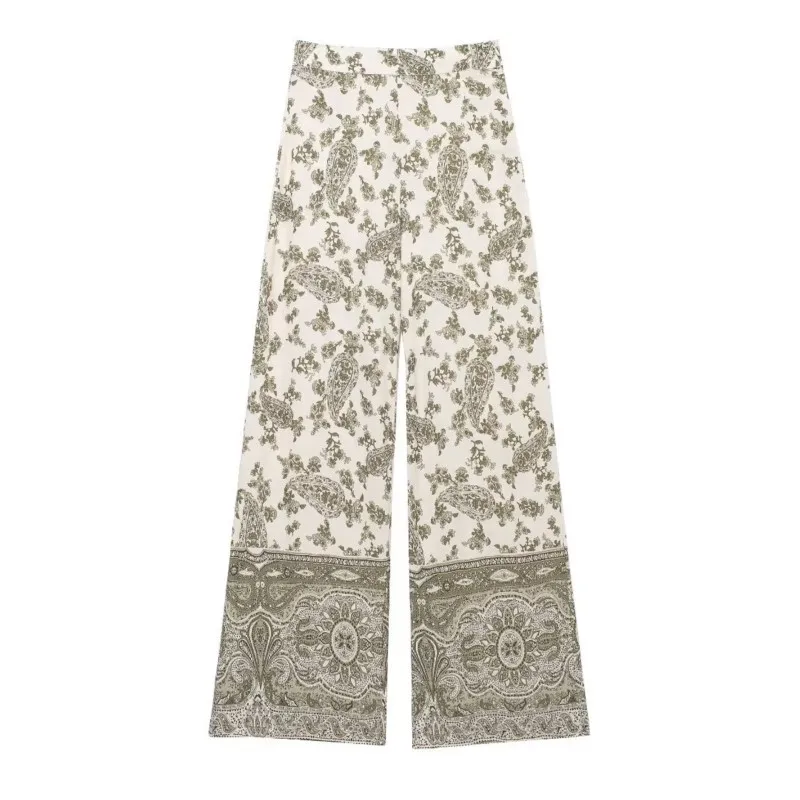 Pantalon à Jambes Larges Imprimé pour Femme, Décontracté, Style Européen Rétro, Vacances à l'Extérieur, Book ine Longueur, Fermeture Éclair, Nouvelle Collection Été