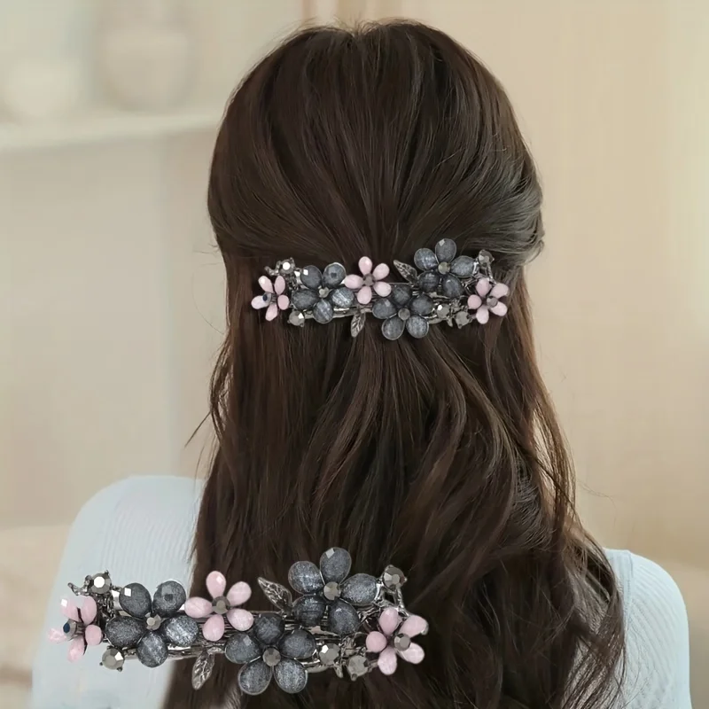 Stylish Rhinestone Flower Spring Clip Back Head Versatile Plate Hair Clip Half Tied Hair Hairpin Women's Exquisite Barrettes