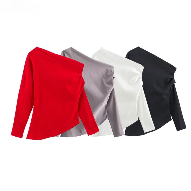 Herfst En Winter Schuine Schouder Asymmetrisch Ontwerp, Geplooid Slim Fit Shirt Voor Vrouwen