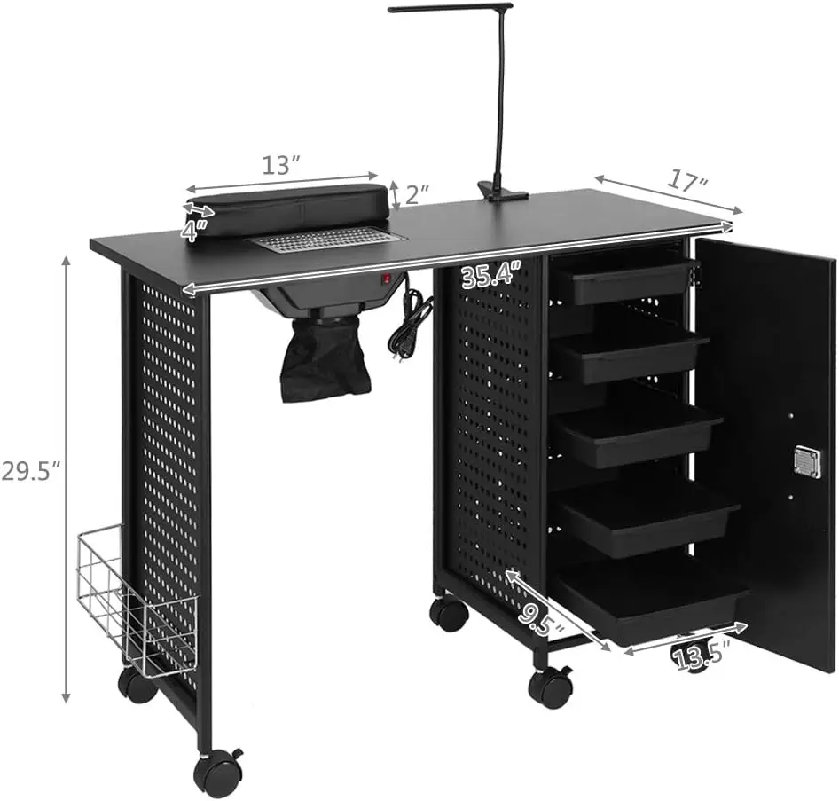 Manicure Tafel Nail Bureau Met Elektrische Downdraft Vent, Schoonheidssalon Workstation Ijzeren Frame Met Afsluitbare Kast, Zijkant