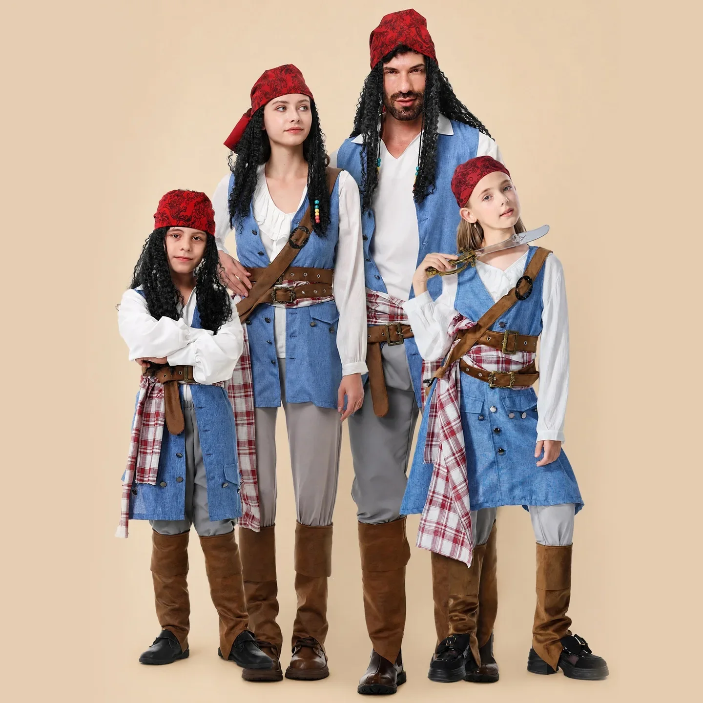 Family Pirate Costume Matching Outfit for Adults Kid With Bandana Wig Belt Halloween Carnival Cosplay Parent Child Dress Up PS66