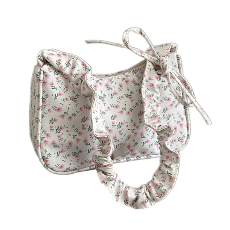 Bolso estético elegante para axila con estampado flores para mujer, bolso hombro tela plisado con lazo dulce, bolso con