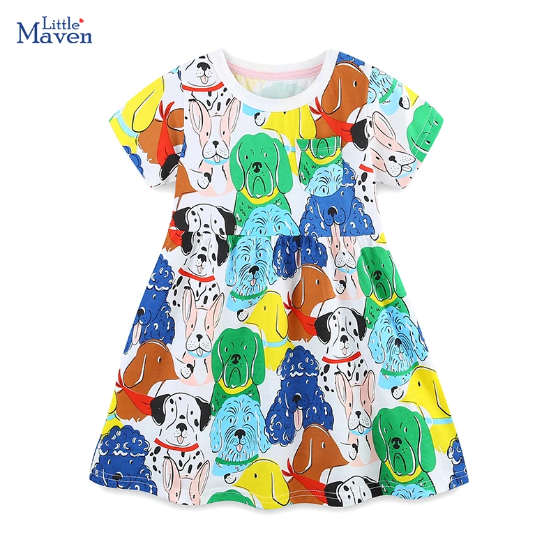 Little maven 2025 Summer New Baby Girls Kids Clothes Children's Clothing Cotton Cartoon Pet Dogs Dresses New Year Gifts