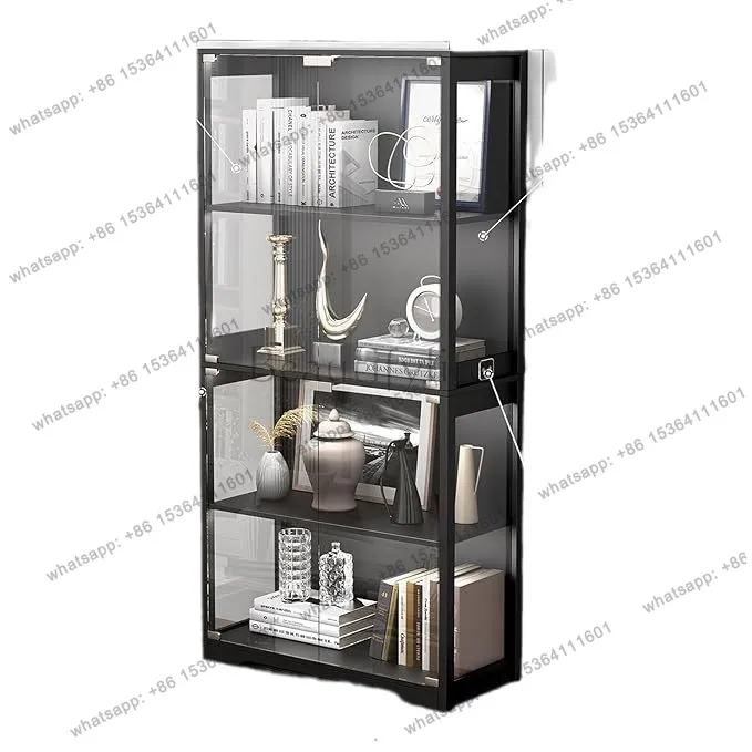 Display cabinet with glass door 4-story Curio cabinet with 3-color light panel display cabinet
