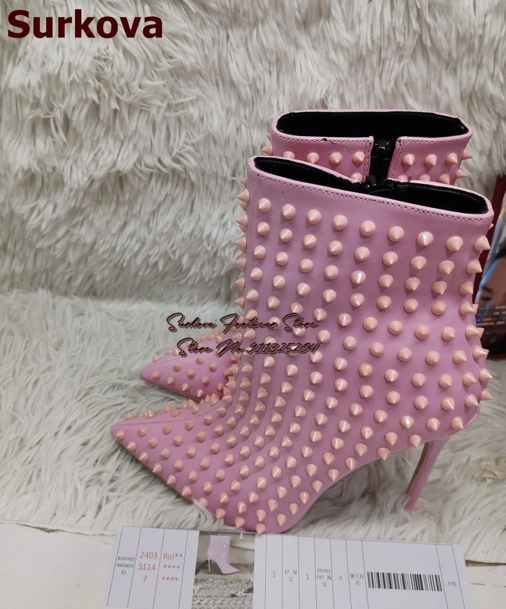 Surkova Hot Pink Red Patent Leather Full Rivets Ankle Boots Pointed Toe Stiletto Heels Booties Zipped Spikes Dress Shoes