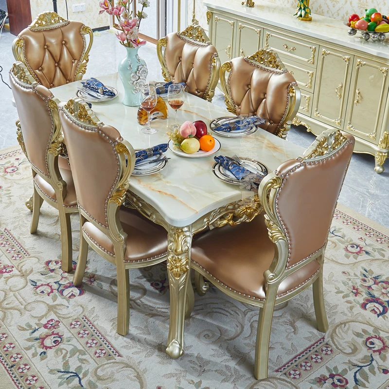 Dining Room Furniture Marble European-style Rectangular Square Table Luxury Villa Solid Wood Fragrance Betel Color