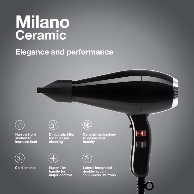 Elchim Milano Ceramic Hair Dryer Ultra Slim & Lightweight Salon Professional Blow Dryer, Concentrator Included, Black, 2000 Watt