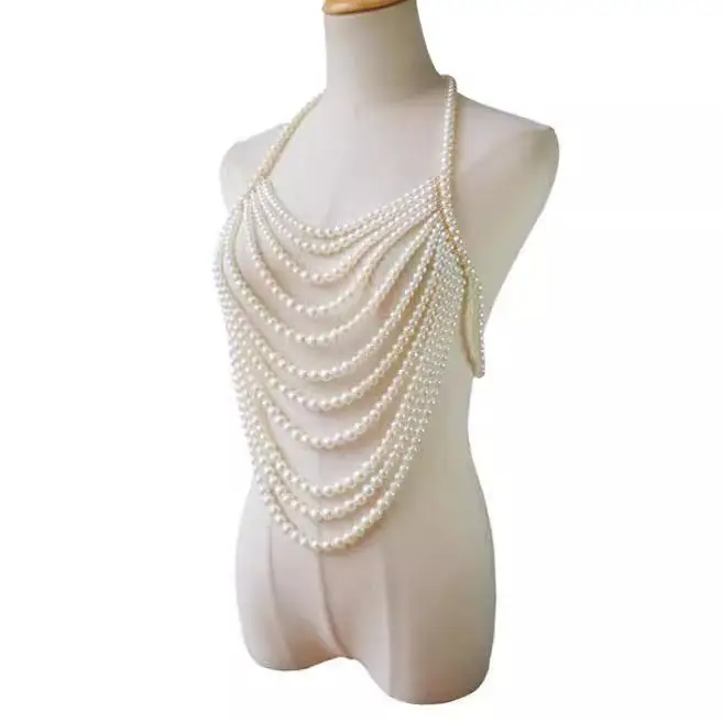 Fashionable Multi-Layer Pearl Necklace Sexy Chest Chain Cross-Border Jewelry Accessory for Women A-Line Short Vest Top