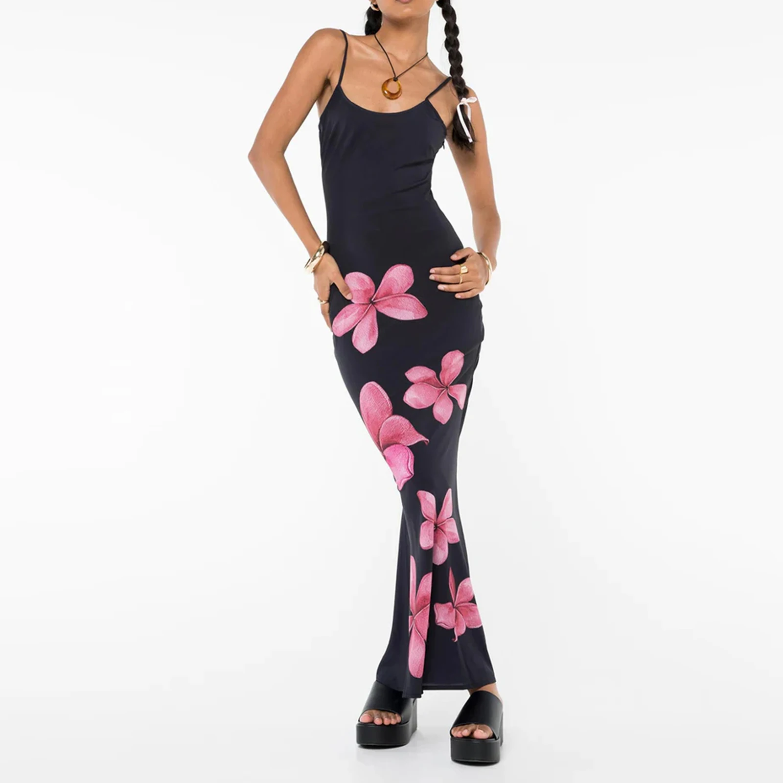 hirigin Sexy Women Sleeveless Backless Cutout Maxi Dress Y2k Floral Print Long Dress Bodycon Night Party Summer Dress