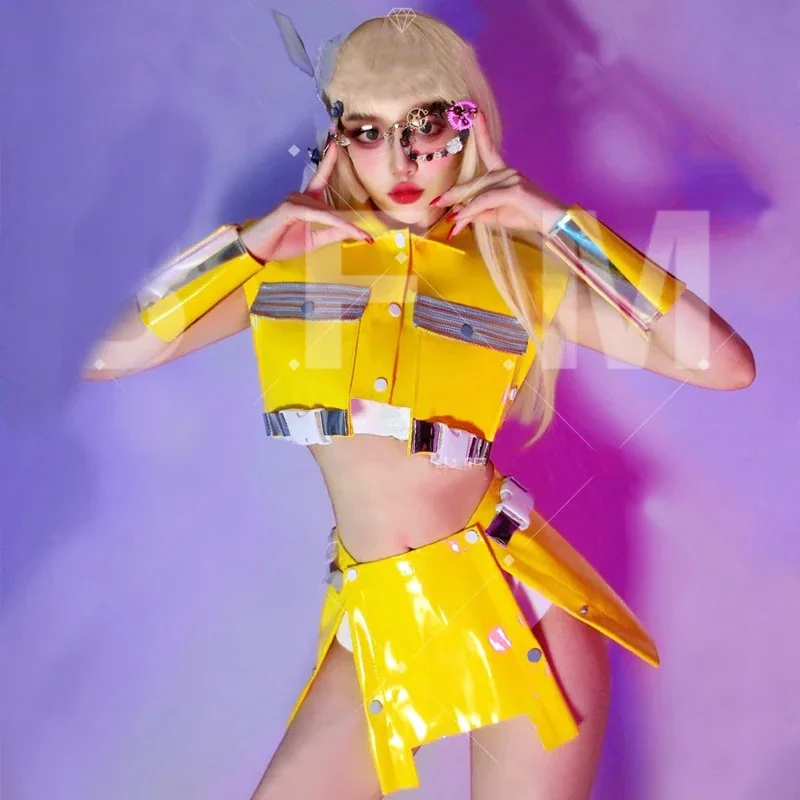 Bar Nightclub Ds Dj Party Festival Outfit Sexy Gogo Dancer Costumes Yellow Leather Pole Dance Clothing Stage Rave Wear XS8329