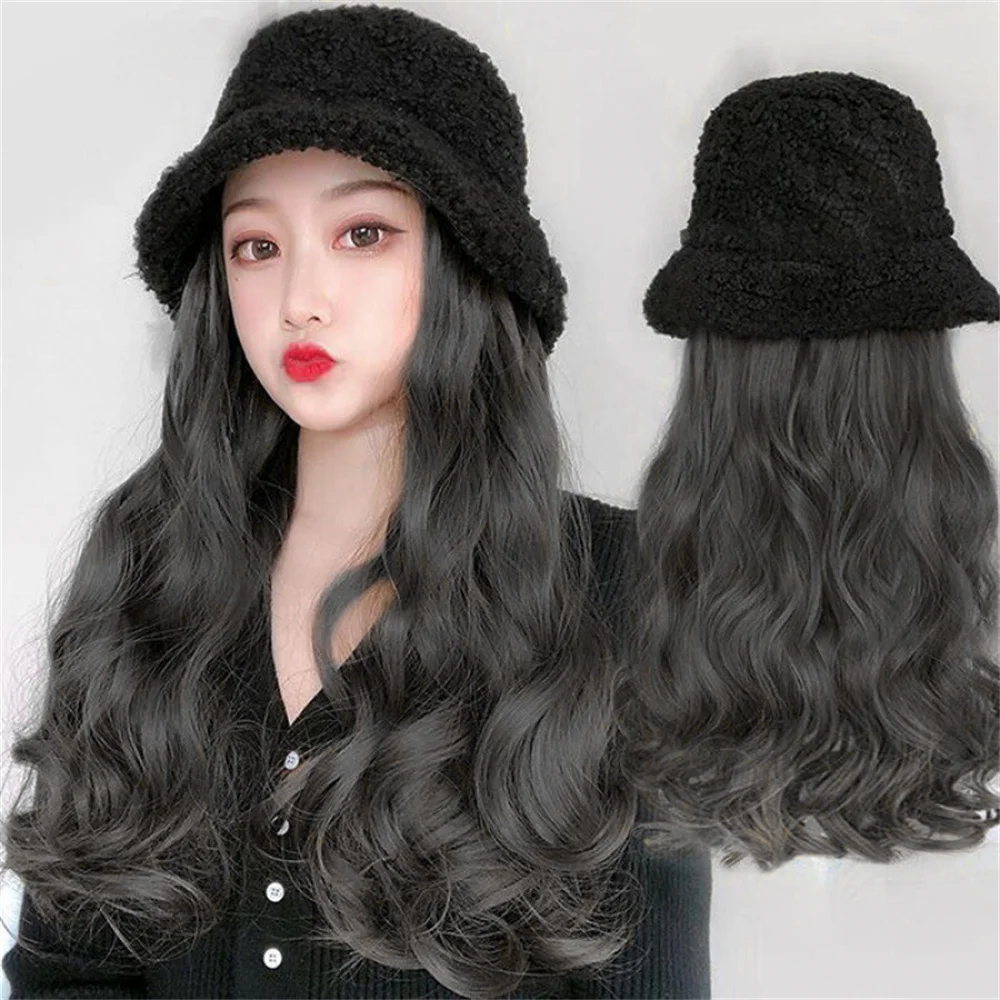 New Synthetic Hat wig All-in-one Autumn and Winter New Wave Roll Lamb Wool Fisherman Hat Natural Women\'s Full Head Set