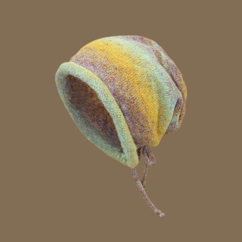 Wool Knitted Drawstring Pile Hat Fashion Gradient Color Adjustable Rope Cap Women's Fall and Winter Pullover Hats