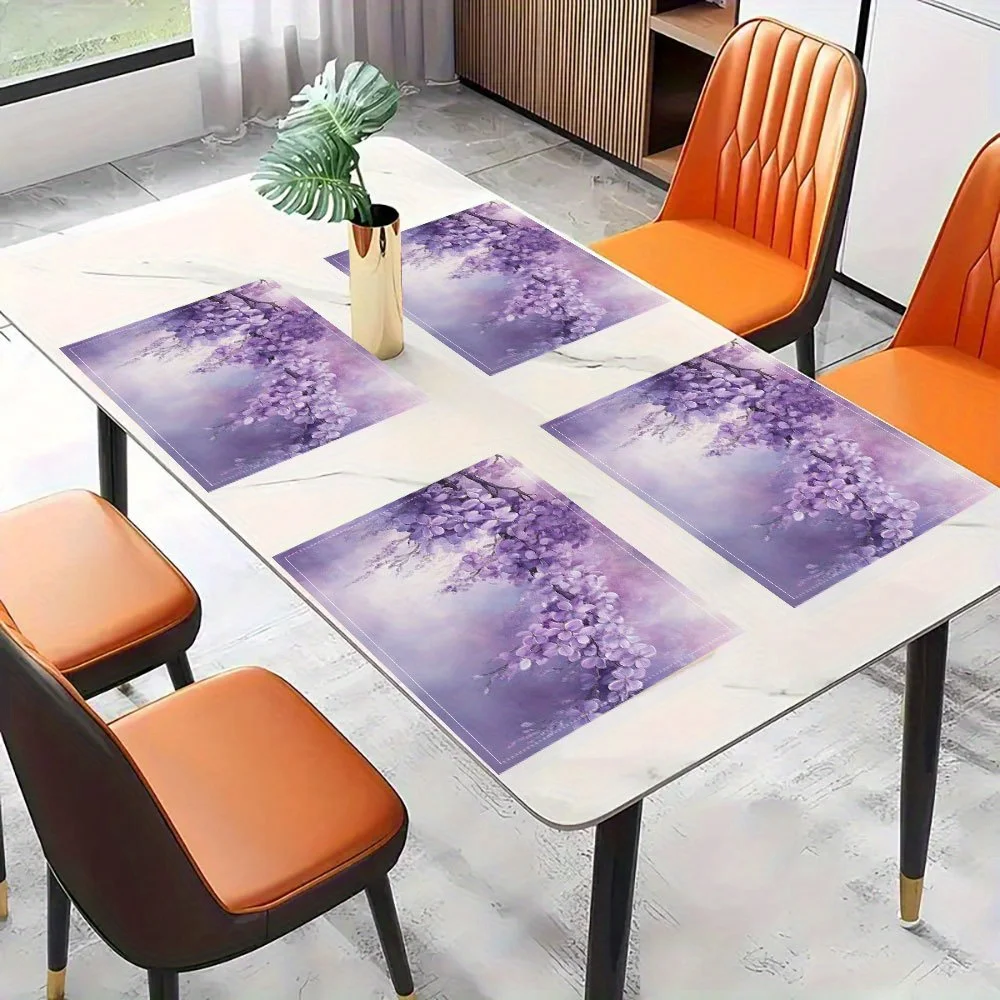 4pcs, Purple Wisteria Flowers Placemats Set of 4 Romantic Floral Linen Table Mats for Spring Dining Decor