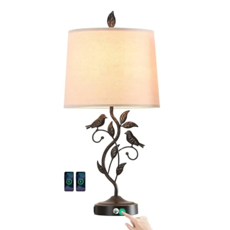 

27" Touch Farmhouse Table Lamps for Living Room with 3-Way Dimmable 2 USB Ports, Vintage Rustic Iron Leaf Nightstand Lamp for B