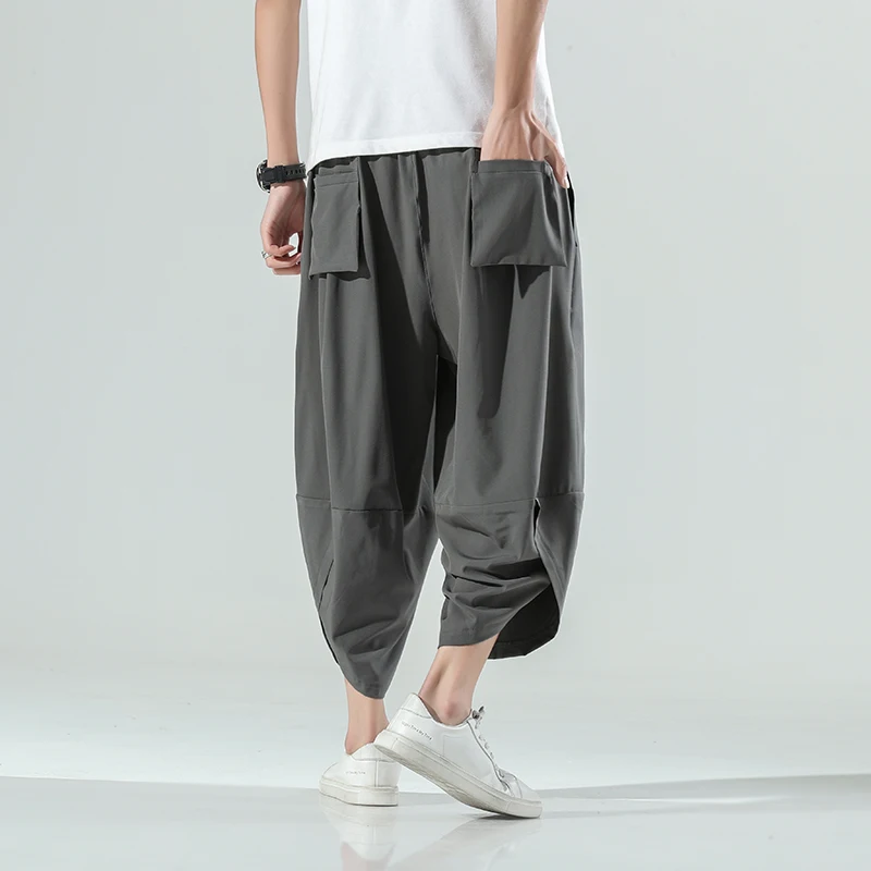 

Summer Men Soild Color Pants Chinese Style Harem Pants Men Streetwear Breathable Beach Pants Male Casual Calf-Lenght Trousers