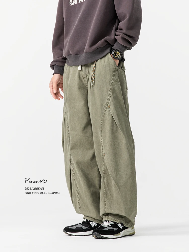 

Ретро американские рабочие брюки с двойной складкой и заклепками, мужские модные брендовые весенне-осенние свободные повседневные широкие брюки-ножи