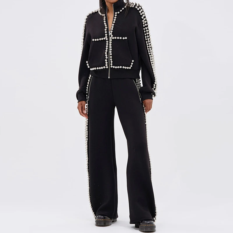 Retro Loose Outdoor Suit Stand Collar Zipper Coat & Wide Leg Pants Casual Two Piece Set Pearl Splicing Solid Autumn Woman Outfit