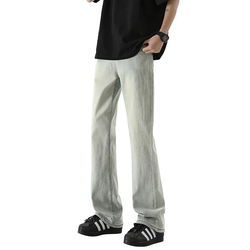 

Весенне-осенние новые уличные эластичные расклешенные джинсы, мужские модные винтажные брюки с эластичной резинкой на талии, широкие повседневные мужские джинсовые прямые брюки