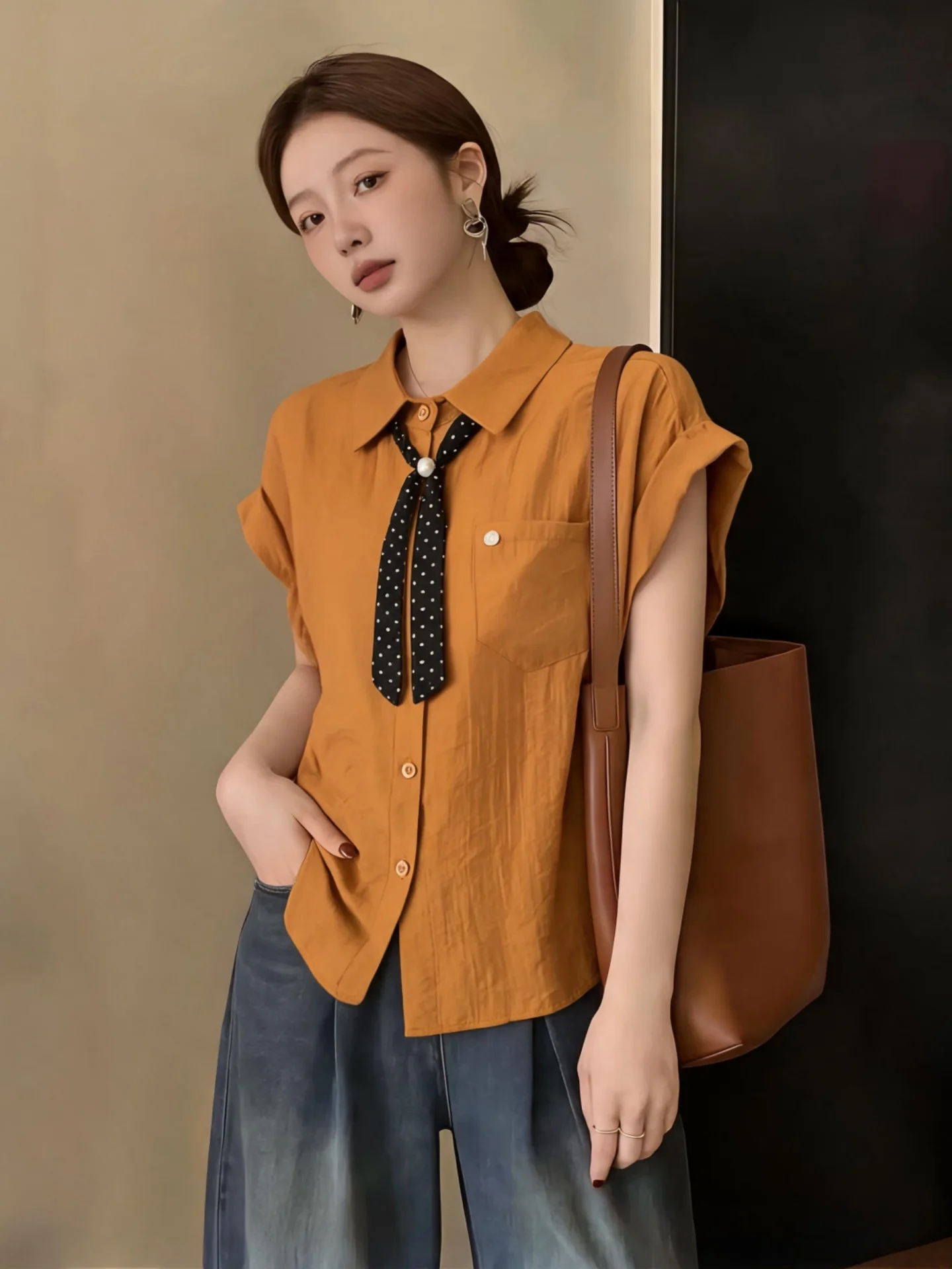 

Women's Neck Short Sleeve Shirt with Sash Silk Scarf Korean Style Summer Slimming Top Large Size Casual Fashion