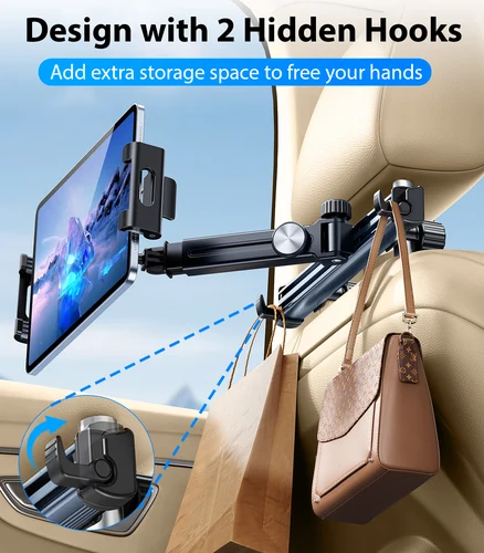 Imagen 2 del producto Soporte para tableta Eary para reposacabezas de coche asiento trasero soporte para teléfono giratorio 360 brazo largo ajustable con 2 ganchos apto para dispositivos 4,7-12