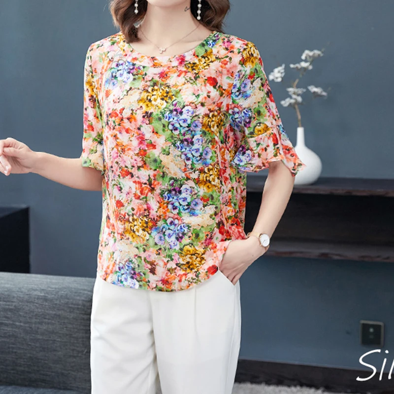 BirdTree 100%Real Silk T-shirt,Women's Round Neck Ruffled Sleeves Floral Print,Elegant Fashion Top,2024 Spring New T42226QD