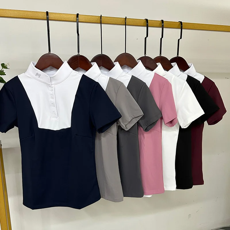 M شعار الفروسية تي شيرت قصير الأكمام بلايز ركوب الخيل ملابس النساء زر التدريب متسابق بلوزة عرض المنافسة #3