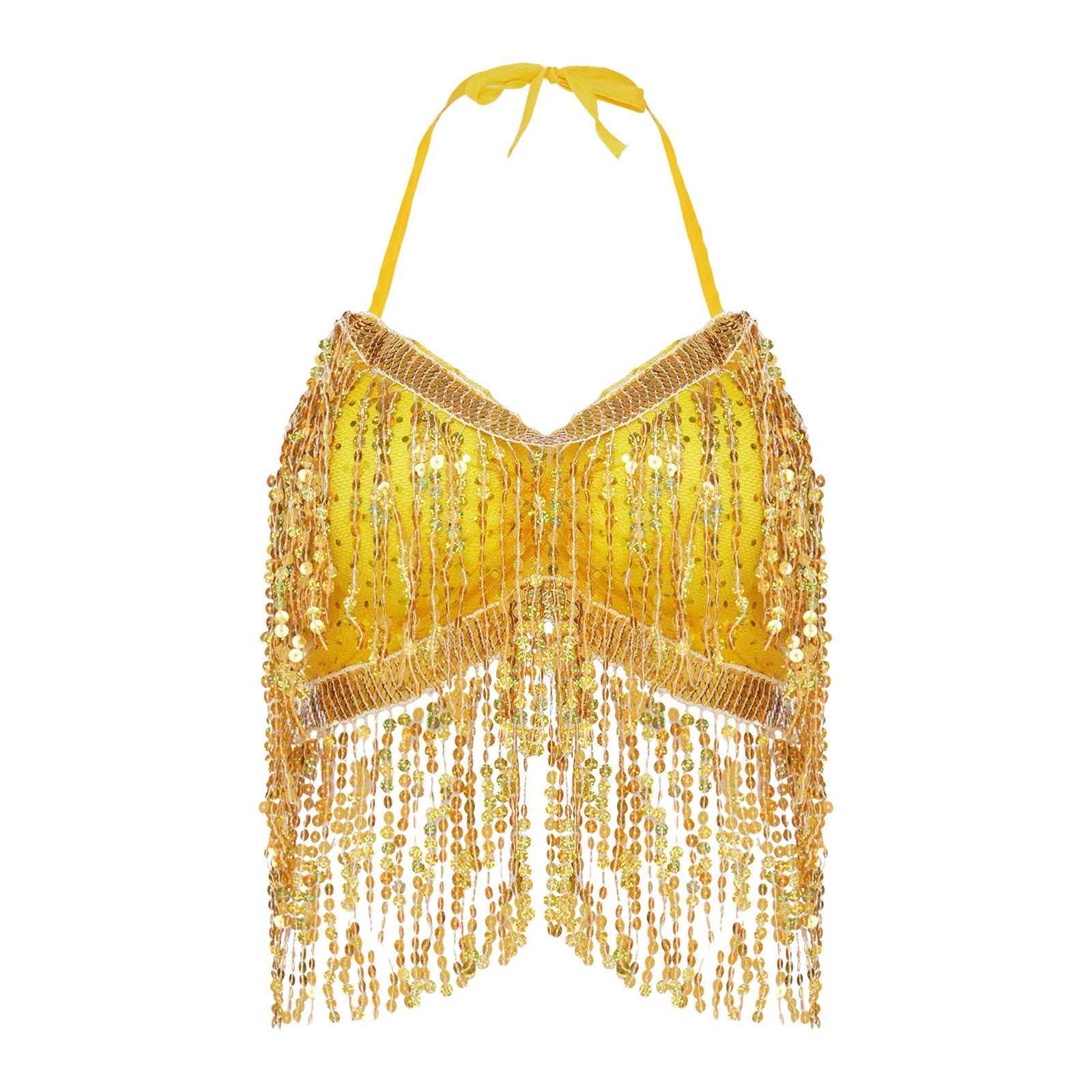 Women Sequined Tassel Belly Dance Fringed Crop Top Backless Halter V Neck Bra with Pad Dance Training Top for Stage Performance