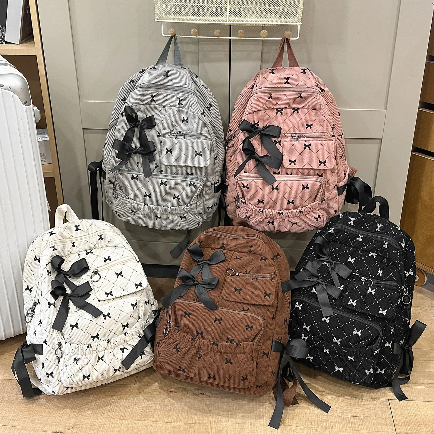Corduroy schoolbag for girls with contrasting colors, cute bow, large-capacity travel backpack, kawaii