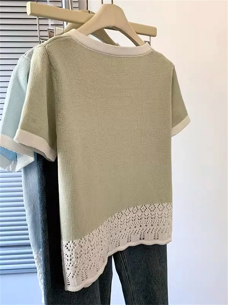 Faionable Fre Lace Trim ort Sve T-irt ex Summer Color Blo round Ne Top Men's Women's Commute Sle Korean ...