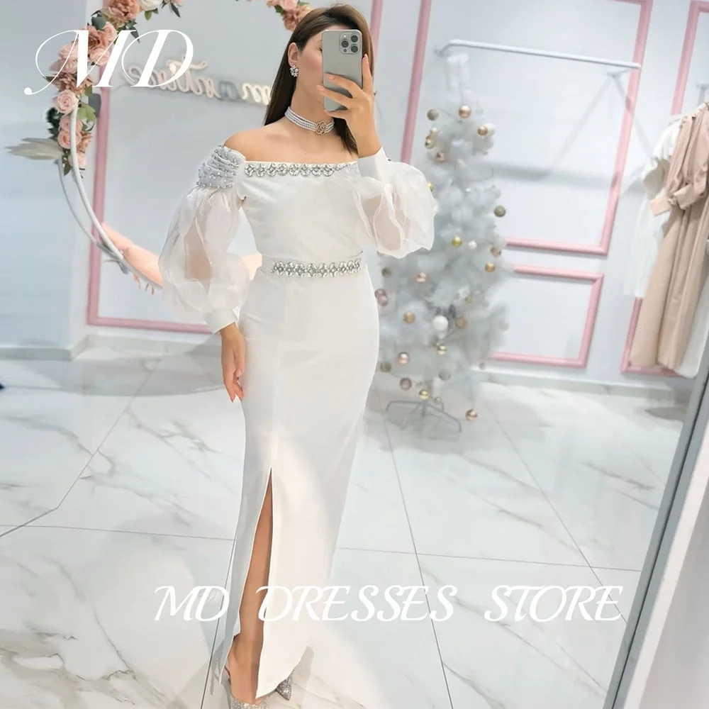 MD Modern White Mermaid Wedding Dress Puff Sleeves Satin Vintage Side Slit Arabic Evening Gowns vestidos de fiesta Customized