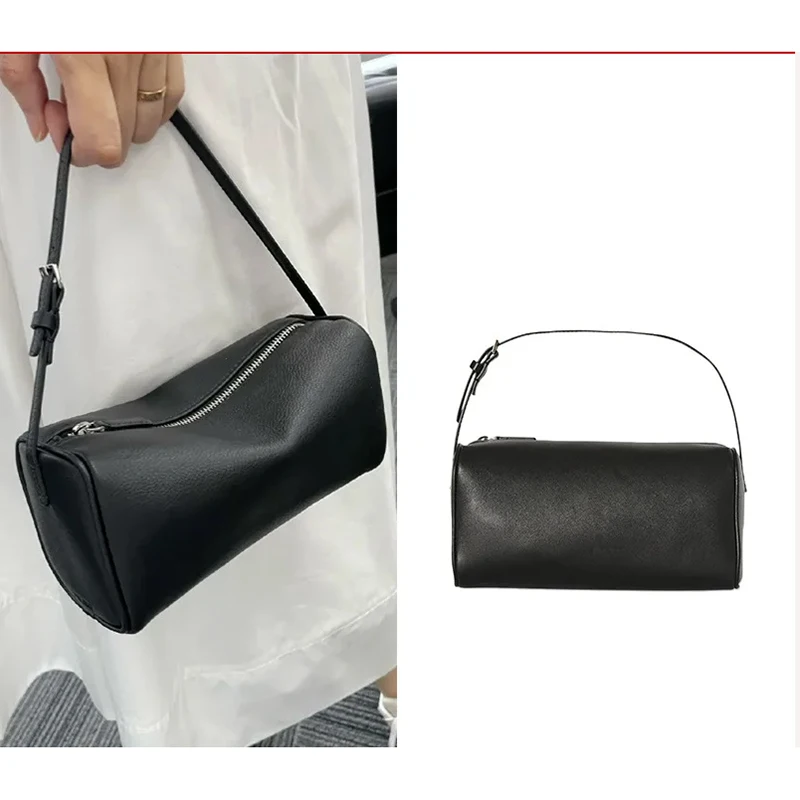 Leather Pencil Case Genuine Leather Cylinder Bag Trendy Shoulder Purse Luxury Designer Bag Fashion Women's Handbag Chic Pouch