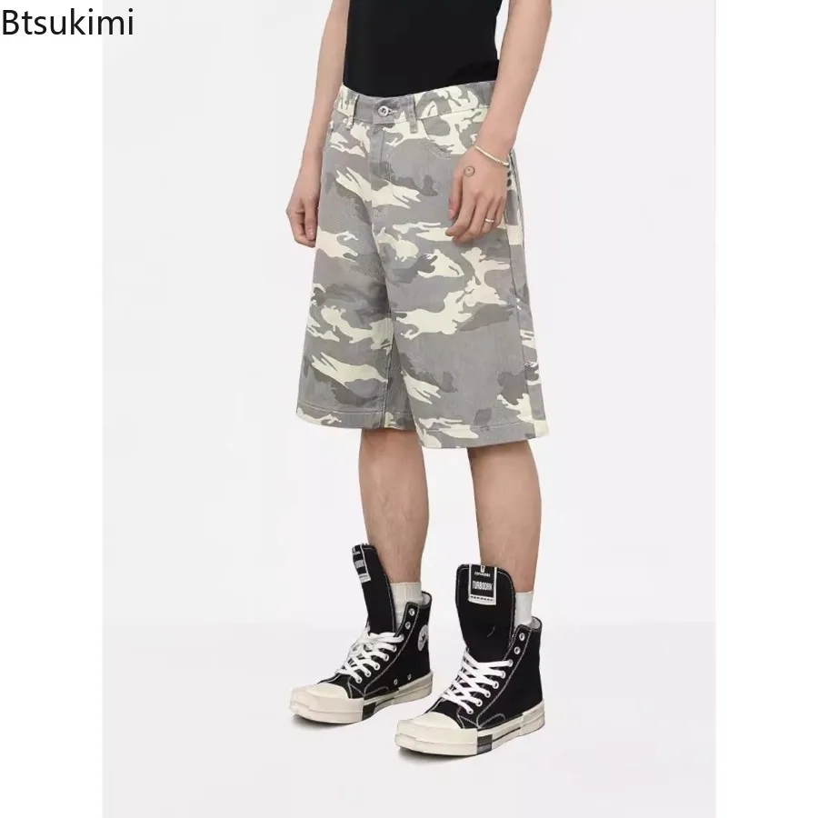 New Men's Summer Wear Camouflage Denim Shorts Loose Wide Leg Casual Pants Versatile Washed Trendy Denim Shorts Male Streetwear