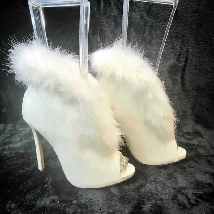 Sexy Ladies Peep toe Real Fox Fur Wrapped Ankle Boots Platform Thin High Heels Fur Boots Women Street Runway Short Bottines