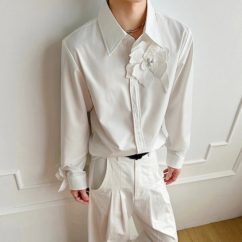 WTHT Fashion Men's Spliced 3D Flower Shoulder Pad Design Shirts Trendy Solid Color Single Breasted Tops Male 2026 Summer 2A2852