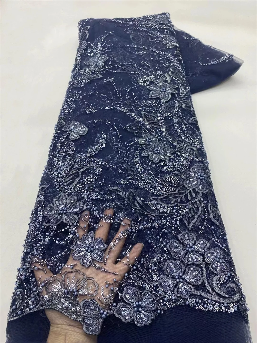 Navy Blue Lace Fabric Luxury Beaded Bridal Fabric Fashion African Sequence Lace Fabric 2024 high Quality lace 5 yards Dres A31-3