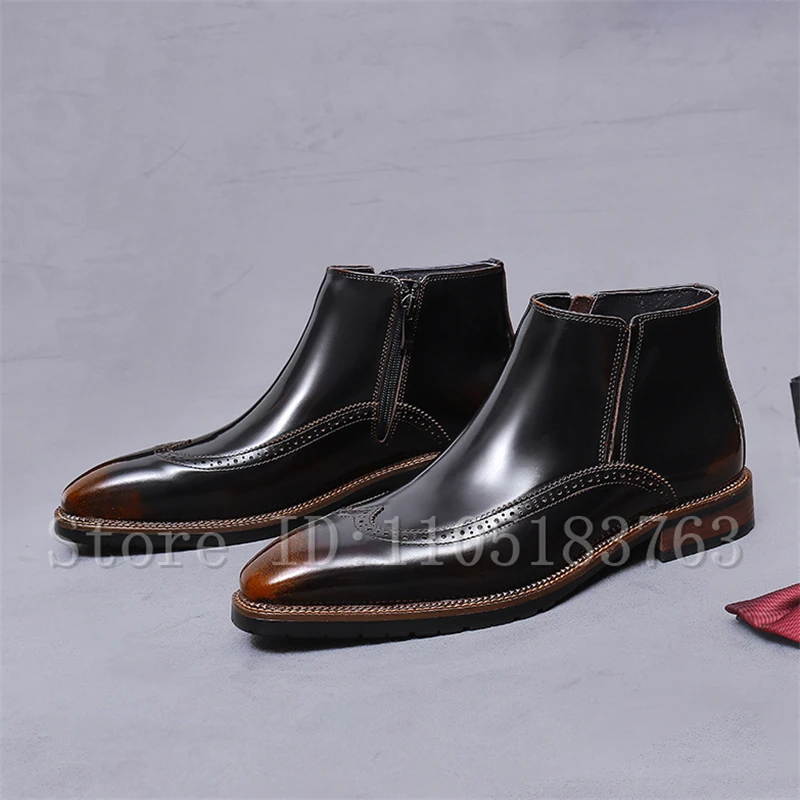 

Мужские деловые ботинки челси, блестящие высокие резные ботинки из натуральной кожи, британские короткие ботинки, роскошная деловая обувь для свадебной вечеринки
